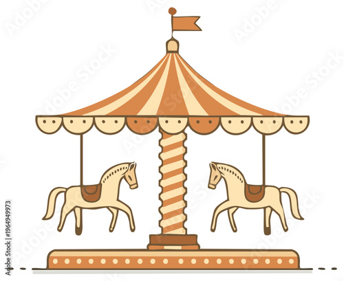 Whimsical vintage style carousel illustration featuring classic striped canopy and ornate horses for retro amusement park attraction design