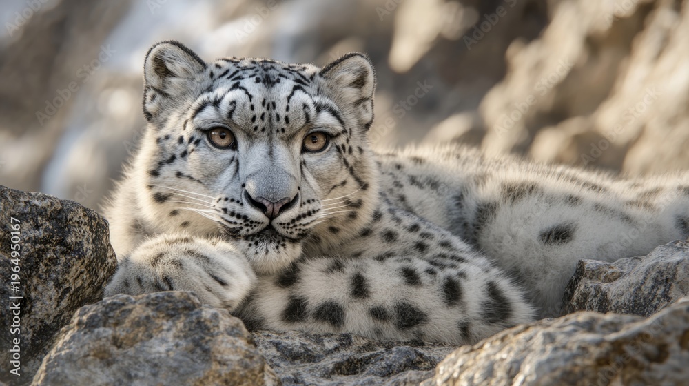 Fototapeta premium A snow leopard on rocky terrain generative ai