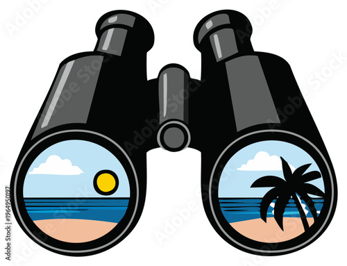 Binoculars reveal tropical beach landscape with ocean sun and palm tree viewed from afar