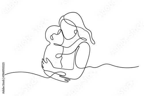 A continuous line drawing of a mother lovingly embracing her baby