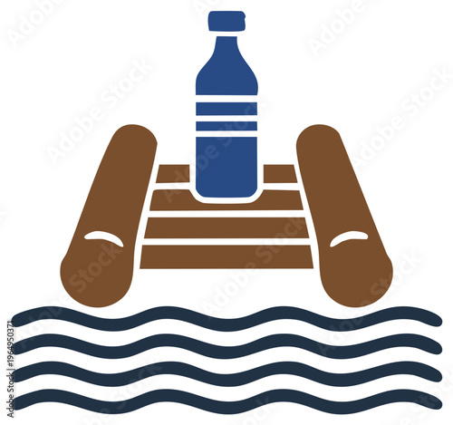 Simplified illustration of bottle on raft floating on water