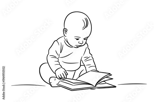 A line drawing depicts a baby absorbed in reading an open book
