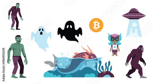 Diverse collection of fun cartoon characters including zombies ghosts a bitcoin logo UFO and bigfoot on a white background.