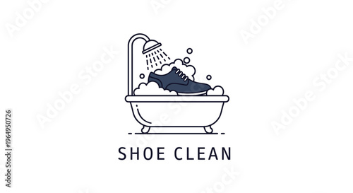 Creative logo for a shoe cleaning service featuring a dress shoe in a bubbly bathtub under a running shower head.