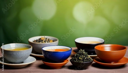 Set of different tea in saucer on wooden background, assortment of dry tea in ceramic bowls on blurred zen style background, with copy space, created with generative ai