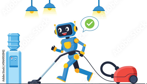 A cheerful blue robot vacuum cleaner operates beneath bright hanging pendant lights next to a large water dispenser unit.