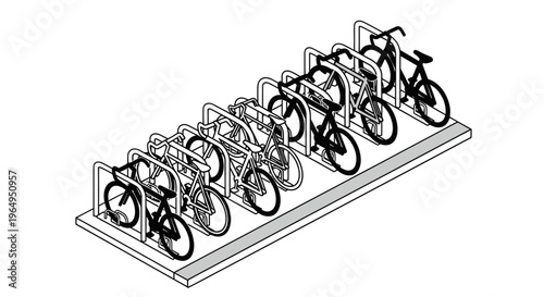 Modern Bicycle Parking Rack with Multiple Bikes Lined Up - Isometric View