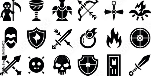 This set of solid black icons features items commonly found in fantasy role-playing games. Symbols include swords, shields, potions, and various magical effects for character development. 