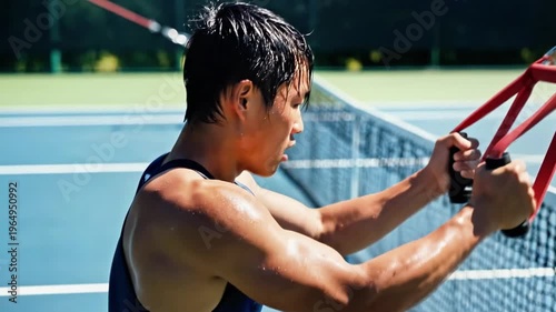 A muscular man exercises with resistance bands on a tennis court