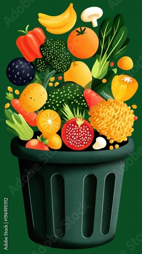 Colorful illustration of fresh fruits and vegetables overflowing from a green trash bin, symbolizing waste and surplus.