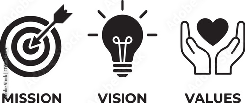 Business mission, vision and values concept with icons on transparent background.