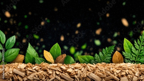A vibrant collection of green leaves and wood chips on a dark background, illustrating the beauty of nature.