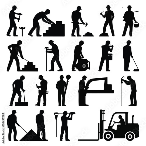 Construction Worker Silhouette Icon Set – Industrial Labor and Tools Vector Collection