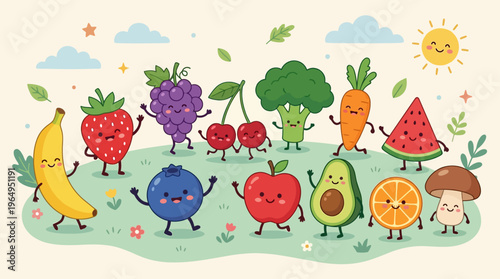 Cute Kawaii Fruits and Vegetables Vector Illustration with Hands and Legs Cartoon Food Characters