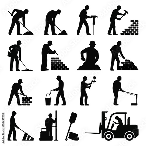 Construction Worker Silhouette Icon Set – Industrial Labor and Tools Vector Collection