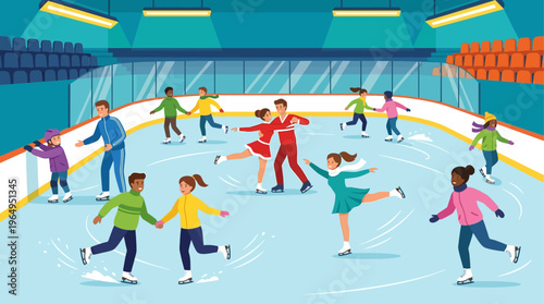 Figure Skating Rink Cartoon Background Vector Colorful Ice Skating Scene People Winter Hobby Illustration
