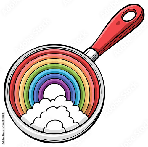 Cartoon frying pan filled with a colorful rainbow, clouds, and red handle