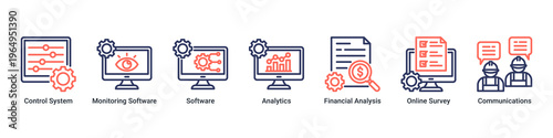 Project Control web banner icon vector illustration with icons of Control System,Monitoring Software,Software,Analytics,Financial Analysis,Online Survey and Communications