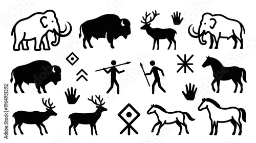 Prehistoric Animal Icon Set Vector Primitive Symbols Cave Art Style Collection