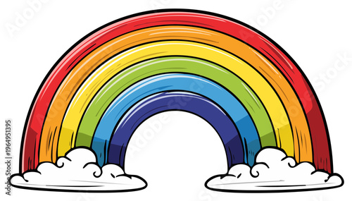 Vibrant Rainbow Archway Illustration with Fluffy Clouds and Bright Colors