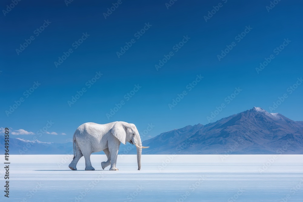 Fototapeta premium Majestic White Elephant on Salar de Uyuni: A rare white elephant walks across the vast, pristine expanse of the Salar de Uyuni salt flats under a clear blue sky.