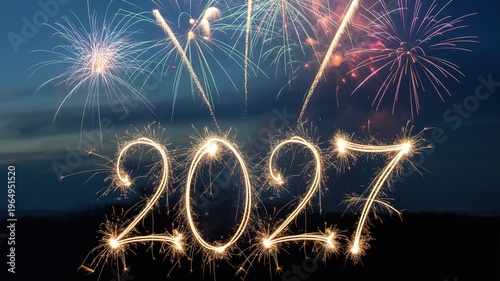 New Year 2027 Glowing Sparkler Numerals with Colorful Bursting Fireworks Against Dusk Sky for Greeting Cards Invitation Designs and Festive Promotional Materials