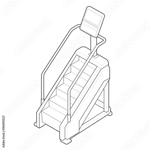 Isometric commercial stepmill revolving stair machine architectural line art.