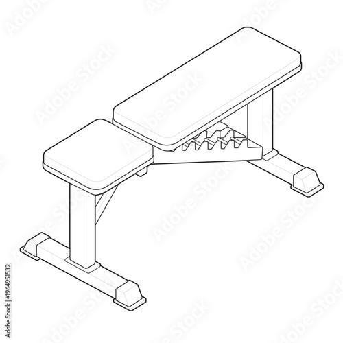 Isometric commercial flat incline adjustable utility bench linear drawing.