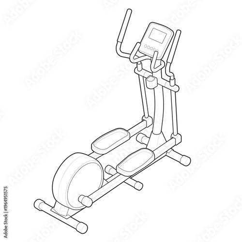 Isometric commercial rear drive elliptical glider instructional line art drawing.