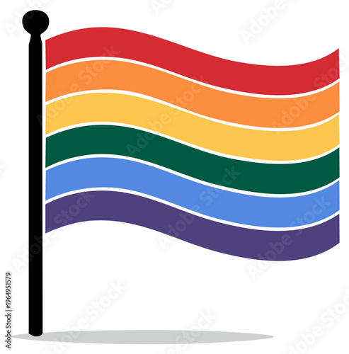 Pride flag illustration with vibrant rainbow colors waving on a black flagpole, symbolizing diversity and inclusion.