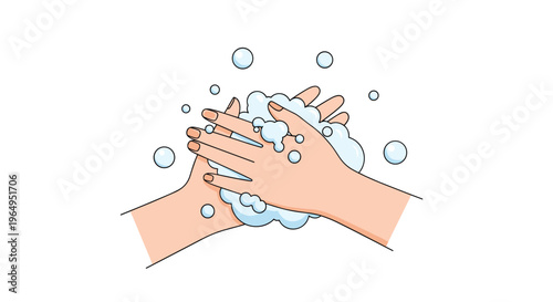 Close up of two human hands being washed with blue soap bubbles and foam for daily hygiene and public health promotion.