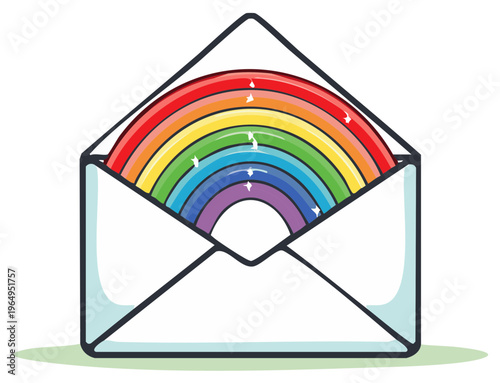 Rainbow emerging from an open envelope with sparkles