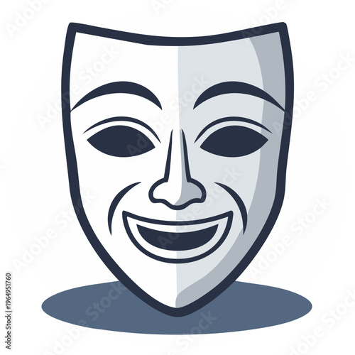 Smiling Theater Mask with Shadow in Black and White Line Art for Drama, Arts and Performance Concept