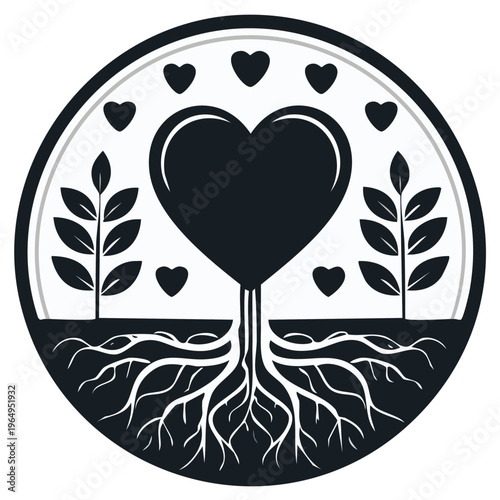 Heart-Shaped Tree with Roots and Leaves in Circle Emblem. Love and Growth Concept. Symbol of Life and Connection