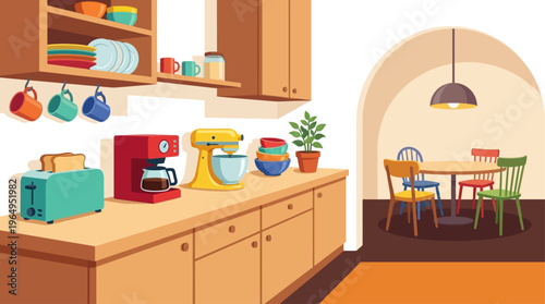 Cartoon Family Kitchen Interior Vector Illustration Counter Appliances Furniture Cooking Dining Room Scene