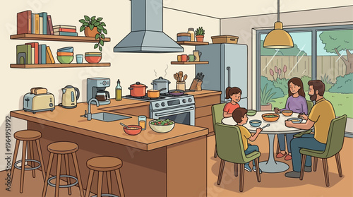 Cartoon Family Kitchen Interior Vector Illustration Counter Appliances Furniture Cooking Dining Room Scene