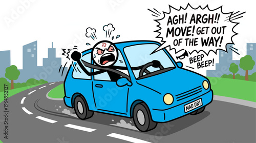 Mad Car Driver Stickman Cartoon Vector Illustration Angry Driving Road Rage Concept
