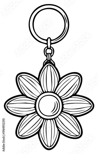 Floral keychain illustration. A pendant of a daisy is shown with a keyring.