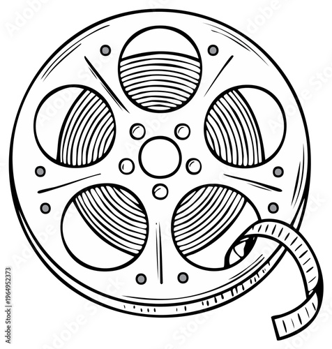 Vintage Film Reel with Tangled Strip of Film, Hand Drawn Sketch