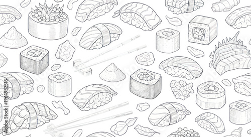 Hand-drawn sushi and sashimi seamless pattern, Japanese food illustration sketch