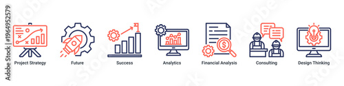 Strategy Growth web banner icon vector illustration with icons of Project Strategy,Future,Success,Analytics,Financial Analysis,Consulting and Design Thinking