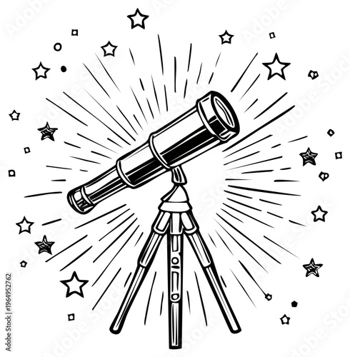 Retro telescope illustration with stars and sunburst
