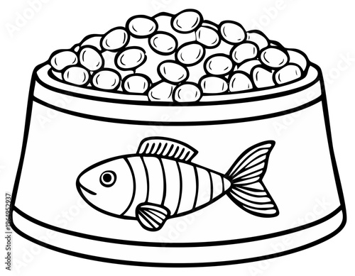 Illustration of a bowl overflowing with pet food, decorated with a fish, ideal for pet care products and coloring books