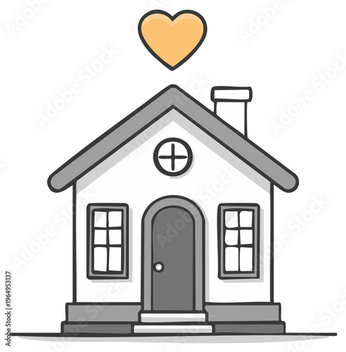 House illustration with heart above, representing home and family love concept.