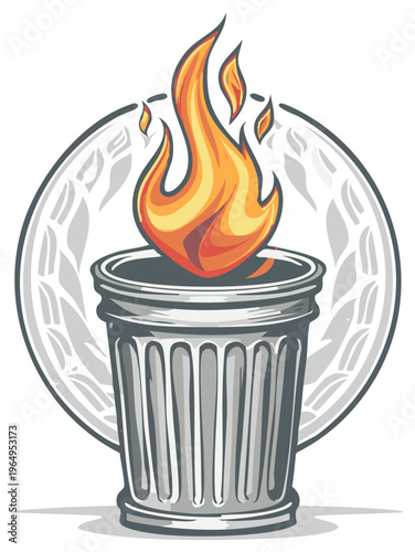 Fiery torch in a classical urn with laurel wreath emblem symbolizing victory or achievement
