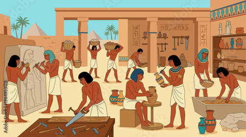 Ancient Egyptian Artisans Workshop Vector Illustration Traditional Craftsmen Scene Historical Drawing