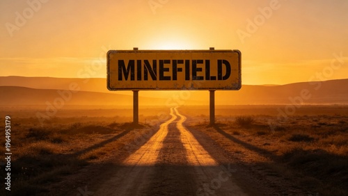 Signboard warning of a minefield in a desert landscape at sunset