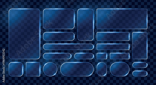 Glassmorphism shapes set, transparent glass figures, blue digital background, UI elements
