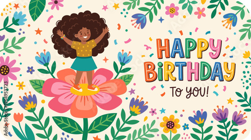 Cute Girl with Curly Hair Standing on Big Flowers Vector Happy Birthday Card Illustration