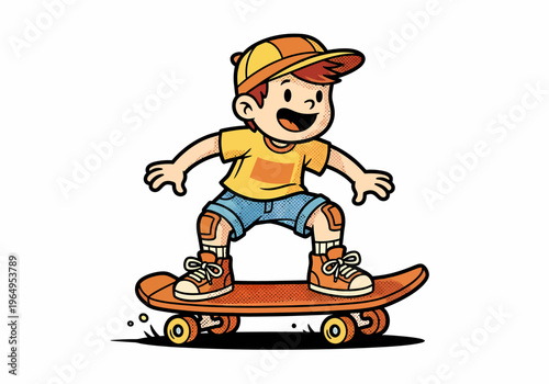 Boy Riding an Orange Skateboard Outdoors.